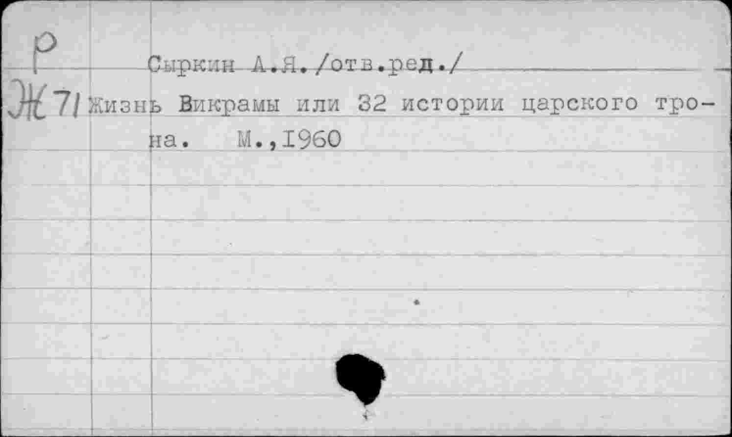 ﻿л 71
_ Сыркин А.Я^/отв^ред-^/------------
Жизнь Викрамы или 32 истории царского тро-
на. М.,1960